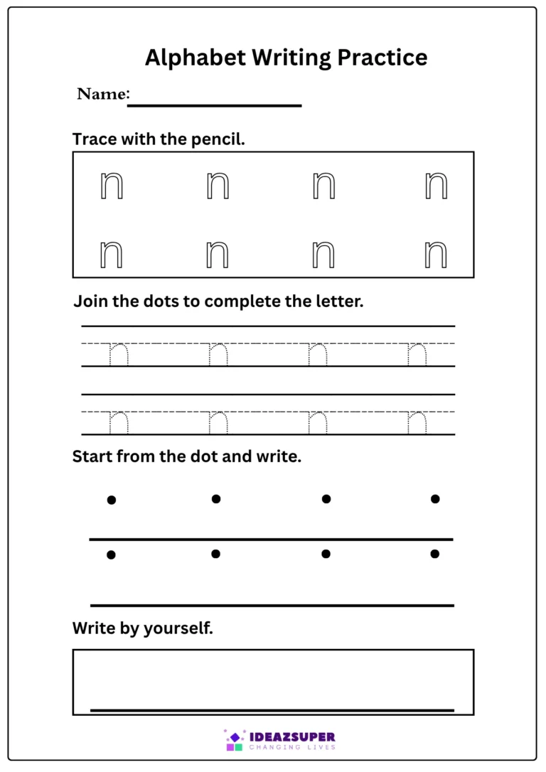 Small letter n writing practice – trace n, join the dots, then write it by yourself