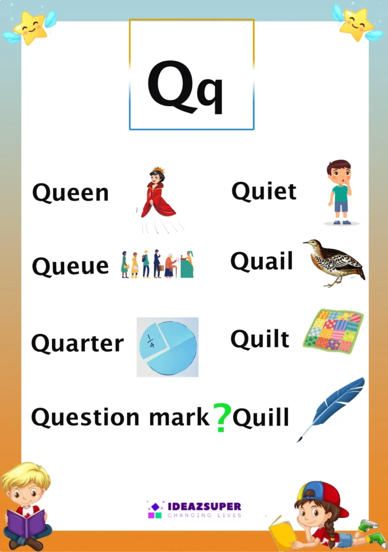 Letter Q picture flash card with words that begin with Q