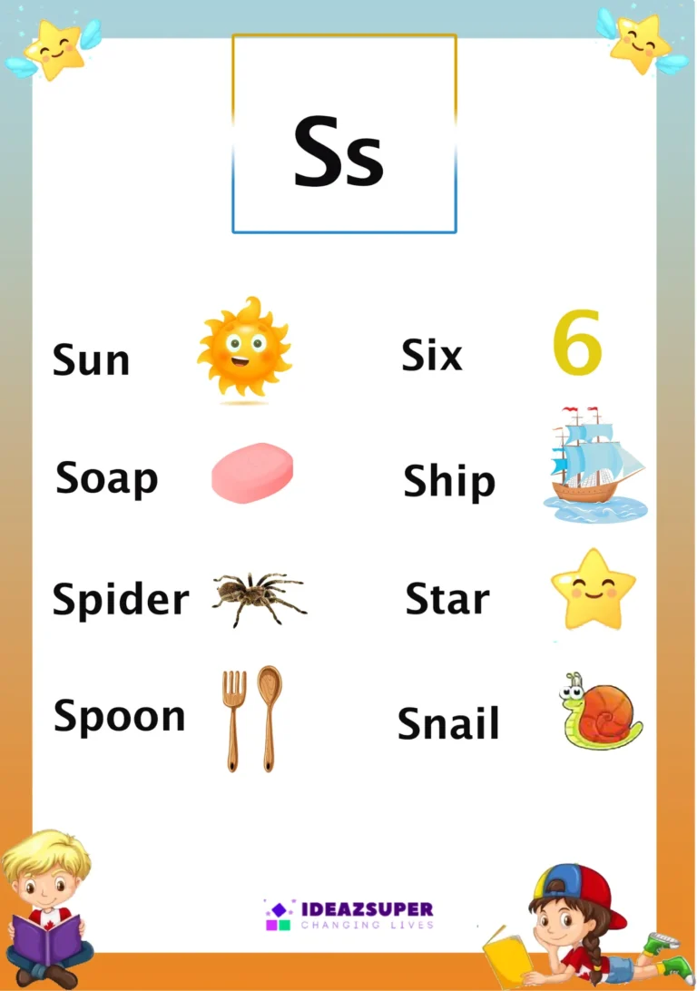 Letter S picture flash card with words that begin with S