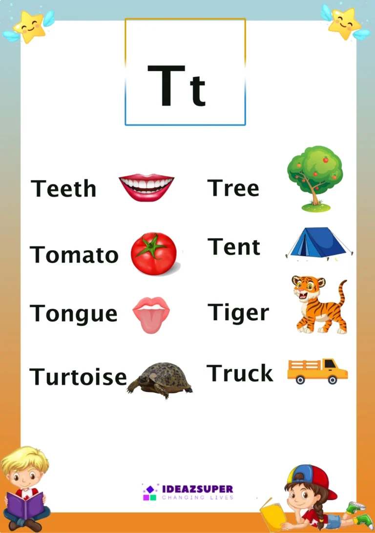 Letter T picture flash card with words that begin with T