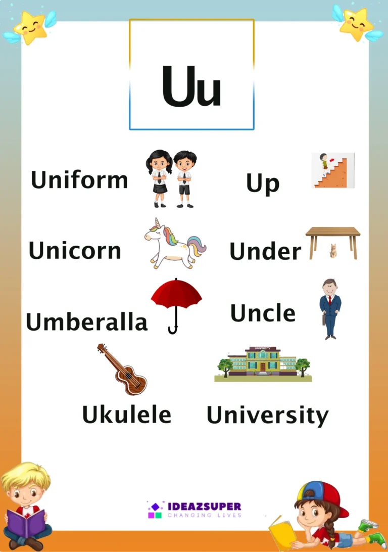 Letter U picture flash card with words that begin with U