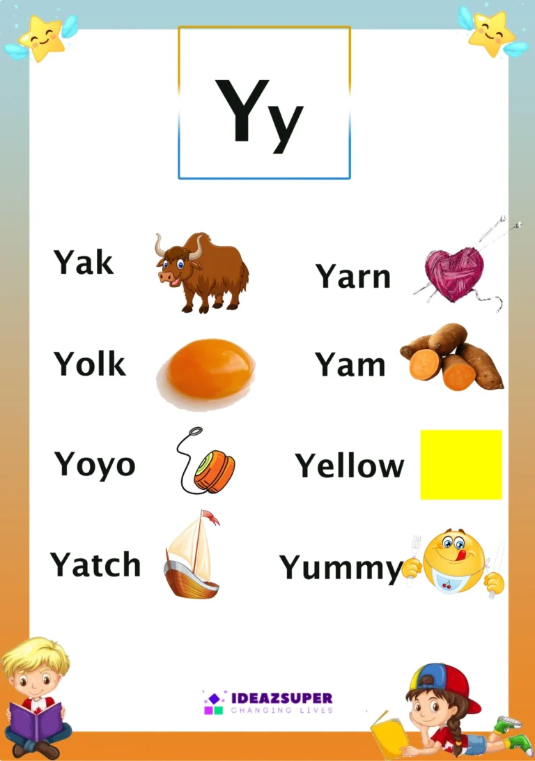 Letter Y picture flash card with words that begin with Y