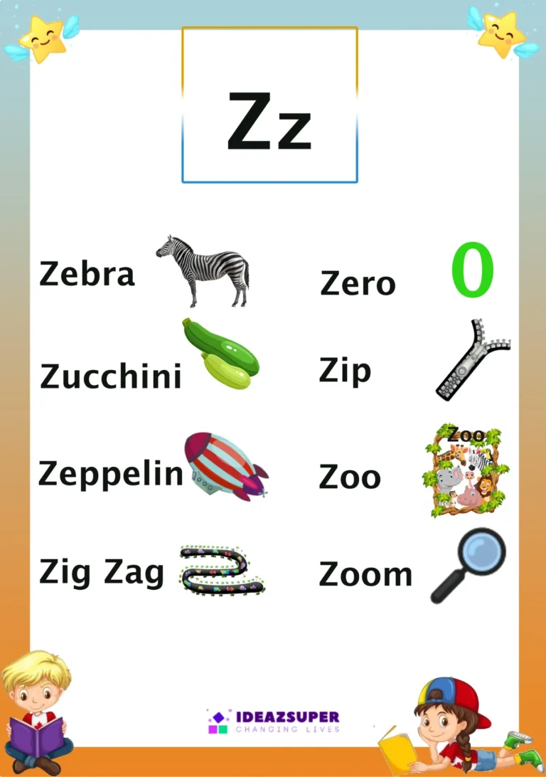 Letter Z picture flash card with words that begin with Z
