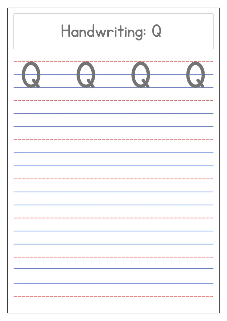 Capital letter Q 4-line handwriting practice