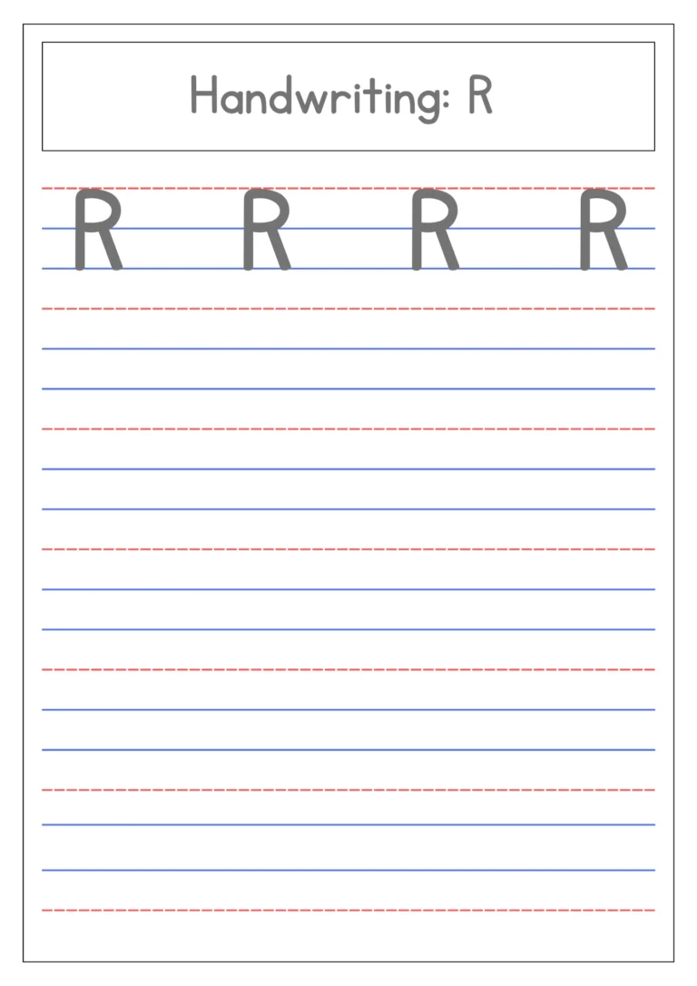 Capital letter R 4-line handwriting practice