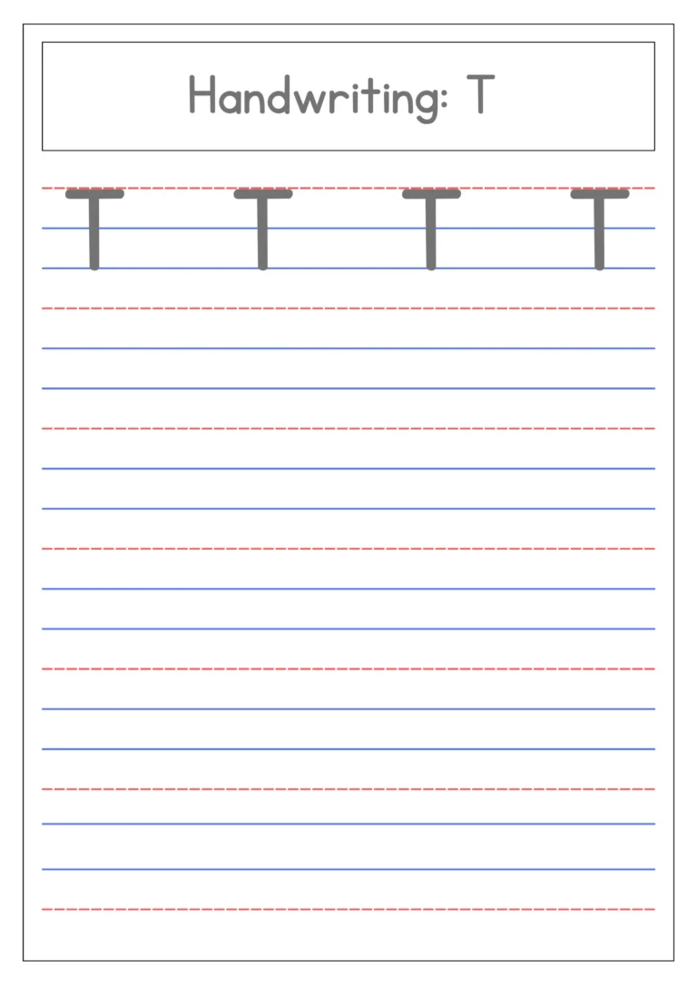 Capital letter T 4-line handwriting practice