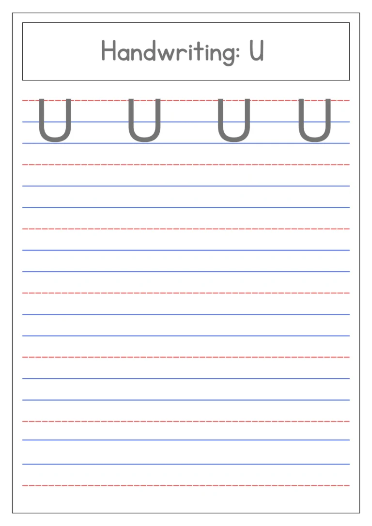 Capital letter U 4-line handwriting practice