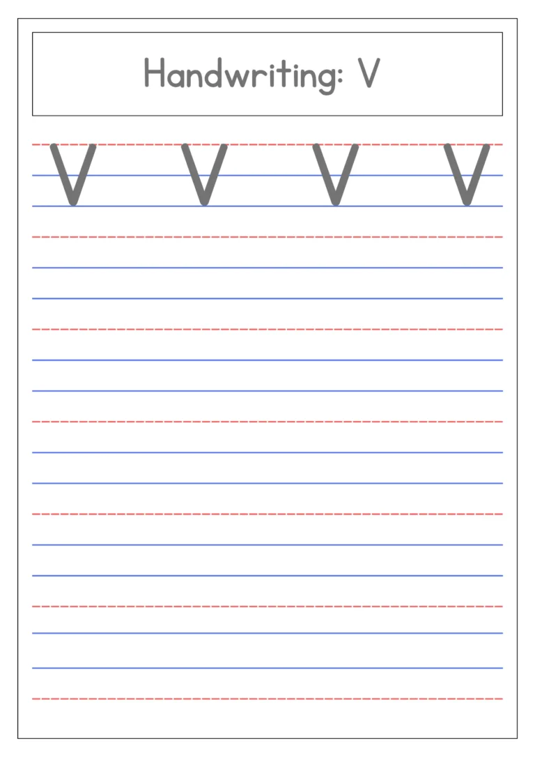 Capital letter V 4-line handwriting practice