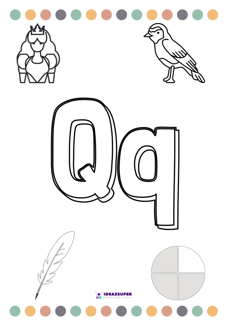 Letter Q colouring page with queen, quail, quill and quarter pictures