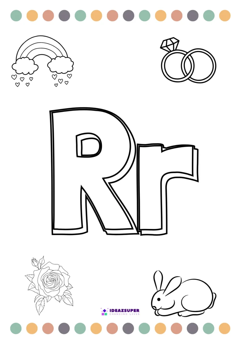 Letter R colouring page with rainbow, ring, rose and rabbit pictures