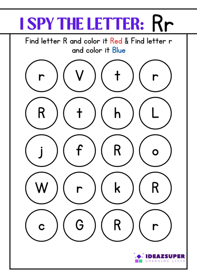 I spy letter Rr worksheet: colour the capital R and small r