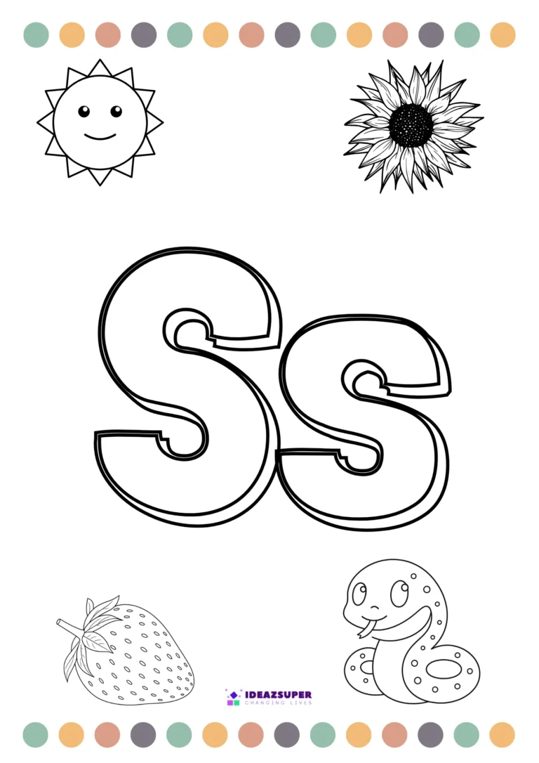 Letter S colouring page with sun, sunflower, strawberry and snake pictures