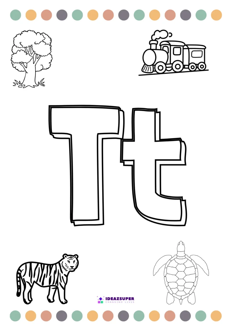 Letter T colouring page with tree, train, tiger and turtle pictures
