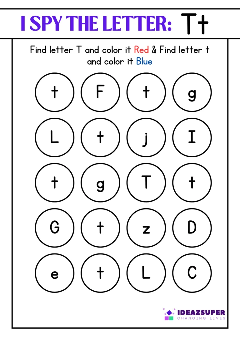 I spy letter Tt worksheet: colour the capital T and small t
