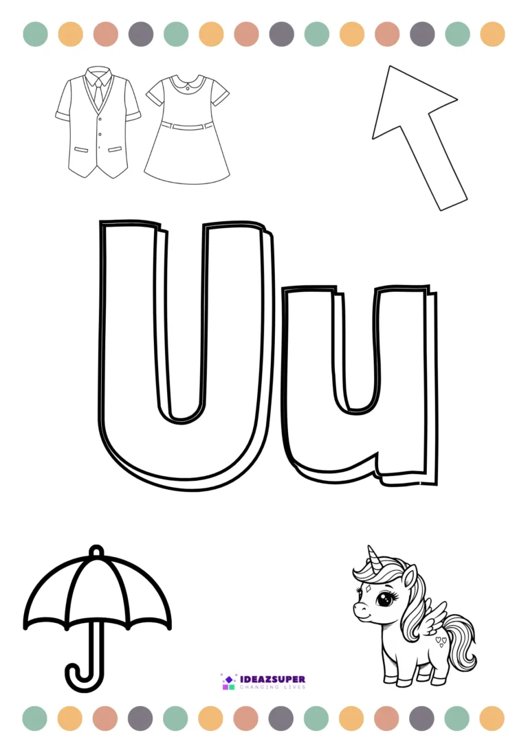 Letter U colouring page with uniform, up arrow, umbrella and unicorn pictures