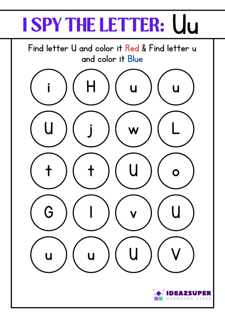 I spy letter Uu worksheet: colour the capital U and small u