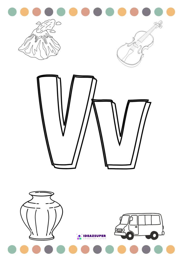 Letter V colouring page with vegetables, violin, vase and van pictures