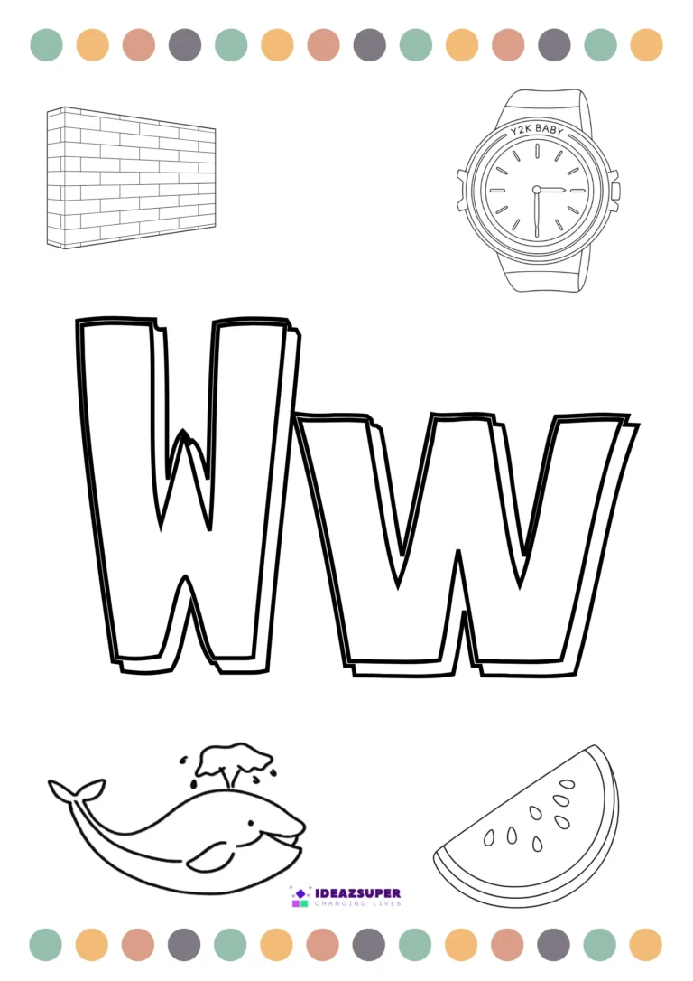 Letter W colouring page with wall, watch, whale and watermelon pictures