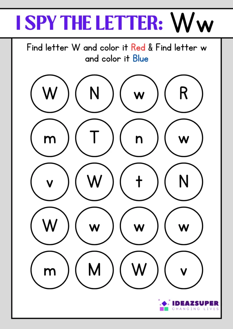 I spy letter Ww worksheet: colour the capital W and small w
