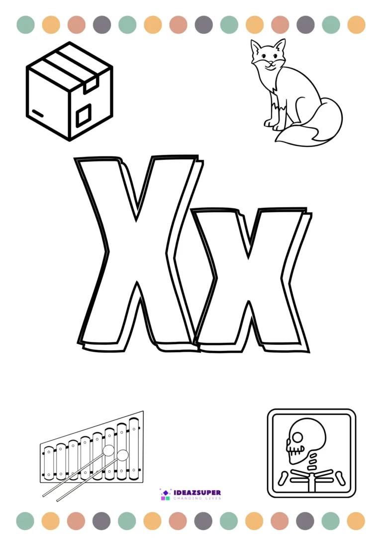 Letter X colouring page with box, fox, xylophone and x-ray pictures