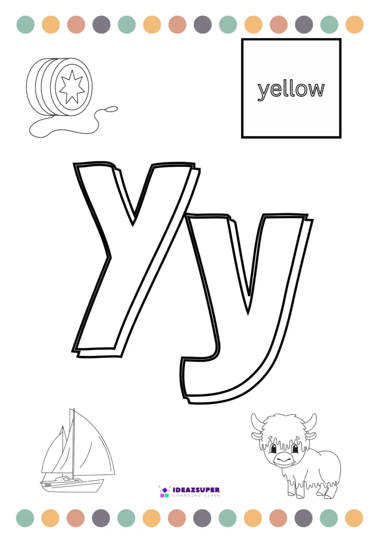 Letter Y colouring page with yo-yo, yellow, yacht and yak pictures