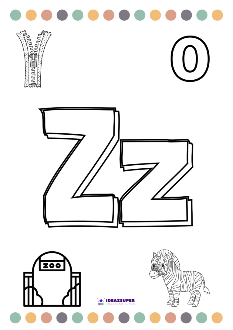 Letter Z colouring page with zip, zero, zoo and zebra pictures