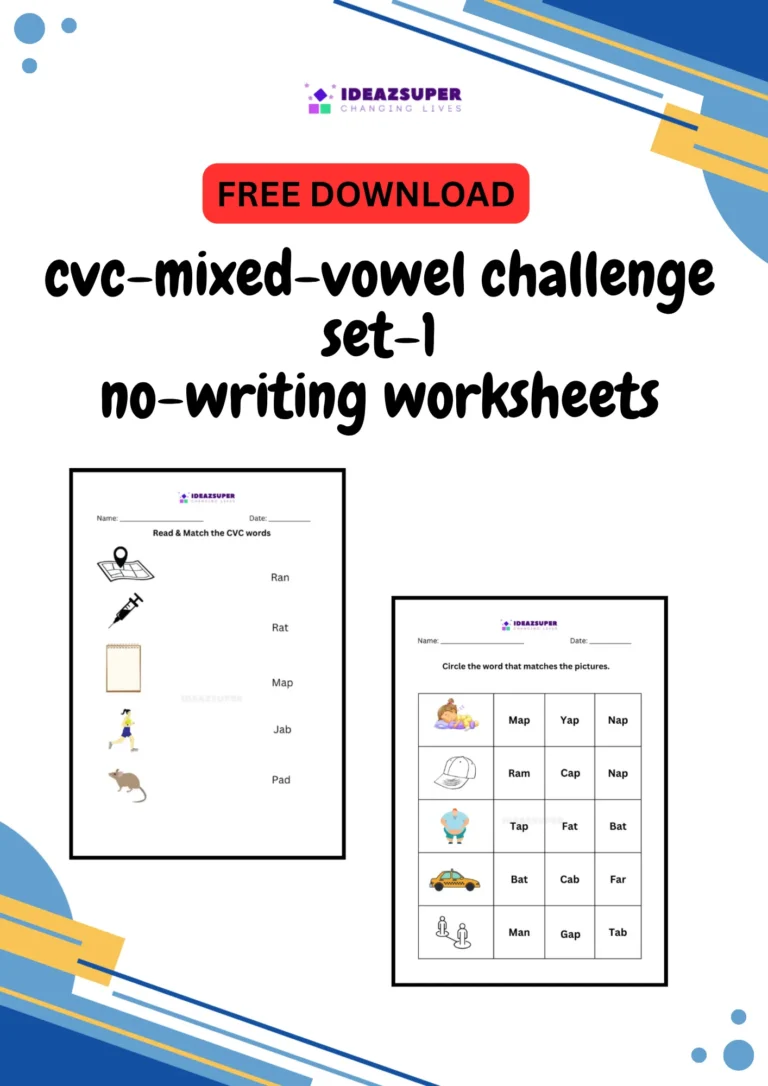 CVC mixed vowel challenge worksheets set 1, no writing, printable cover for preschool and kindergarten