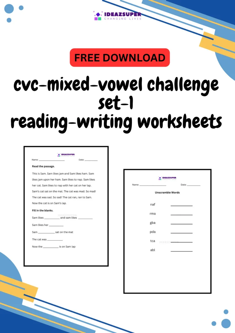 CVC mixed vowel challenge worksheets set 1, reading and writing, printable cover for preschool and kindergarten