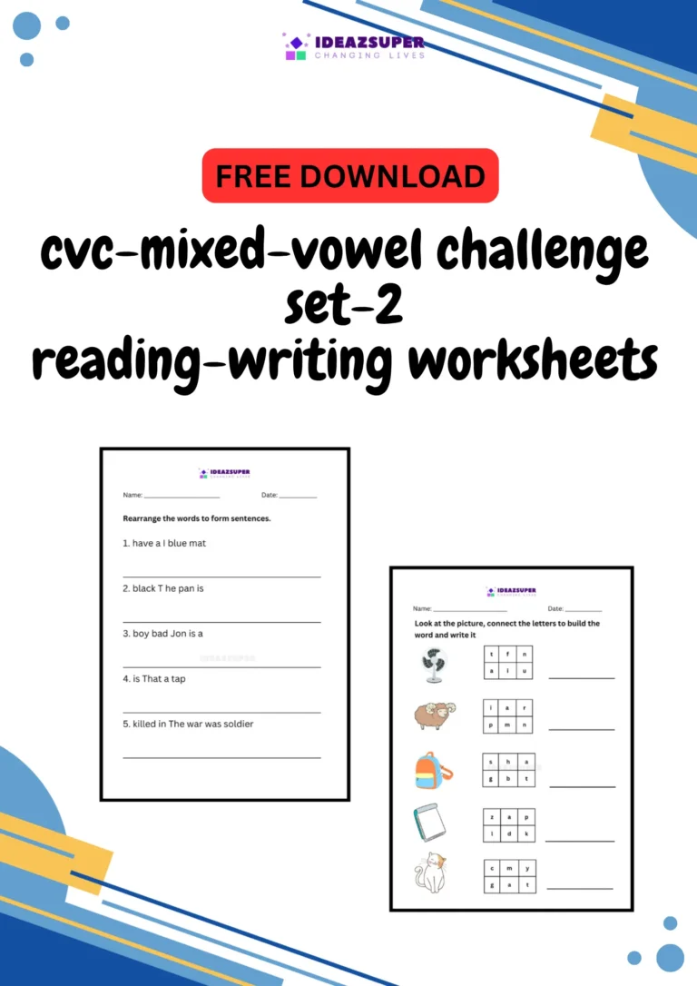 CVC mixed vowel challenge worksheets set 2, reading and writing, printable cover for preschool and kindergarten