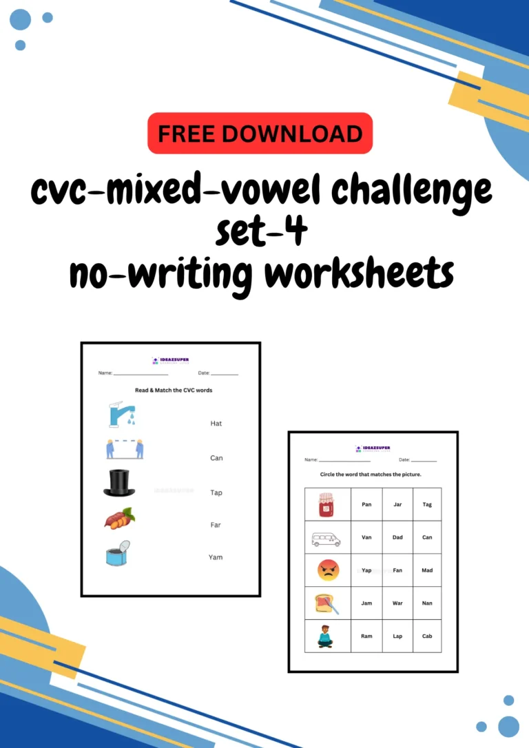CVC mixed vowel challenge worksheets set 4, no writing, printable cover for preschool and kindergarten