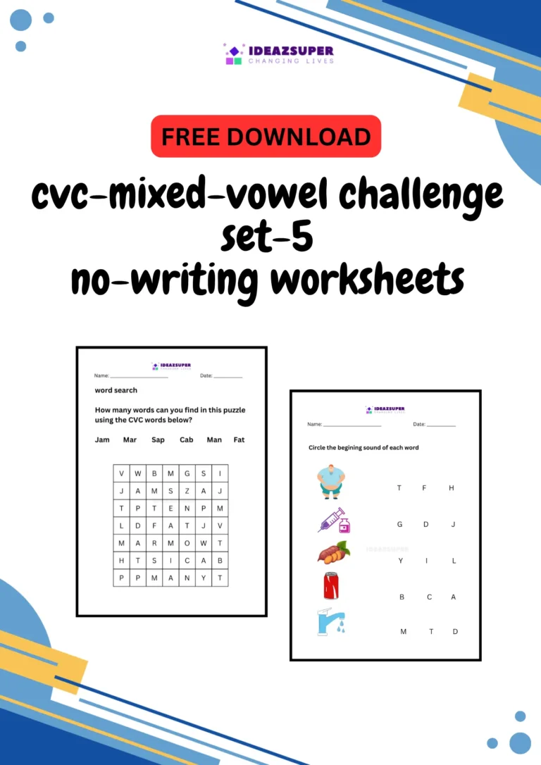 CVC mixed vowel challenge worksheets set 5, no writing, printable cover for preschool and kindergarten