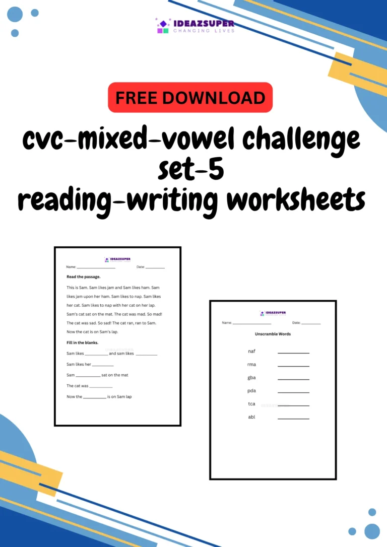 CVC mixed vowel challenge worksheets set 5, reading and writing, printable cover for preschool and kindergarten