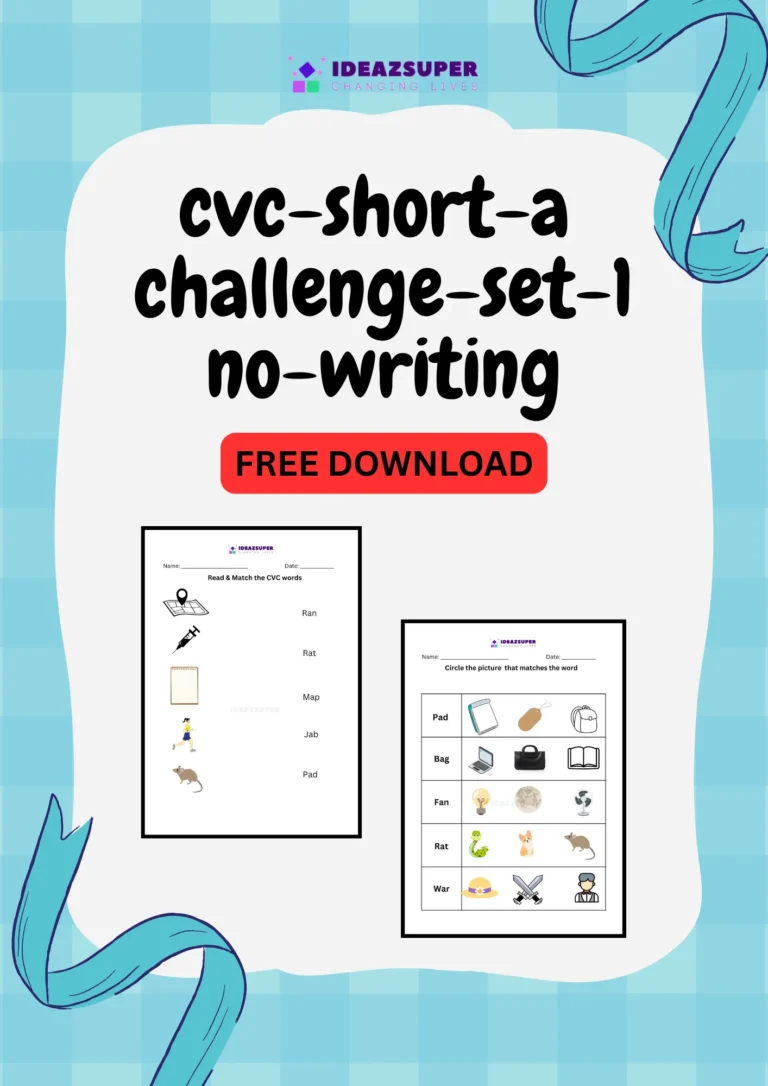 CVC short a challenge worksheets set 1, no writing, printable cover for preschool and kindergarten