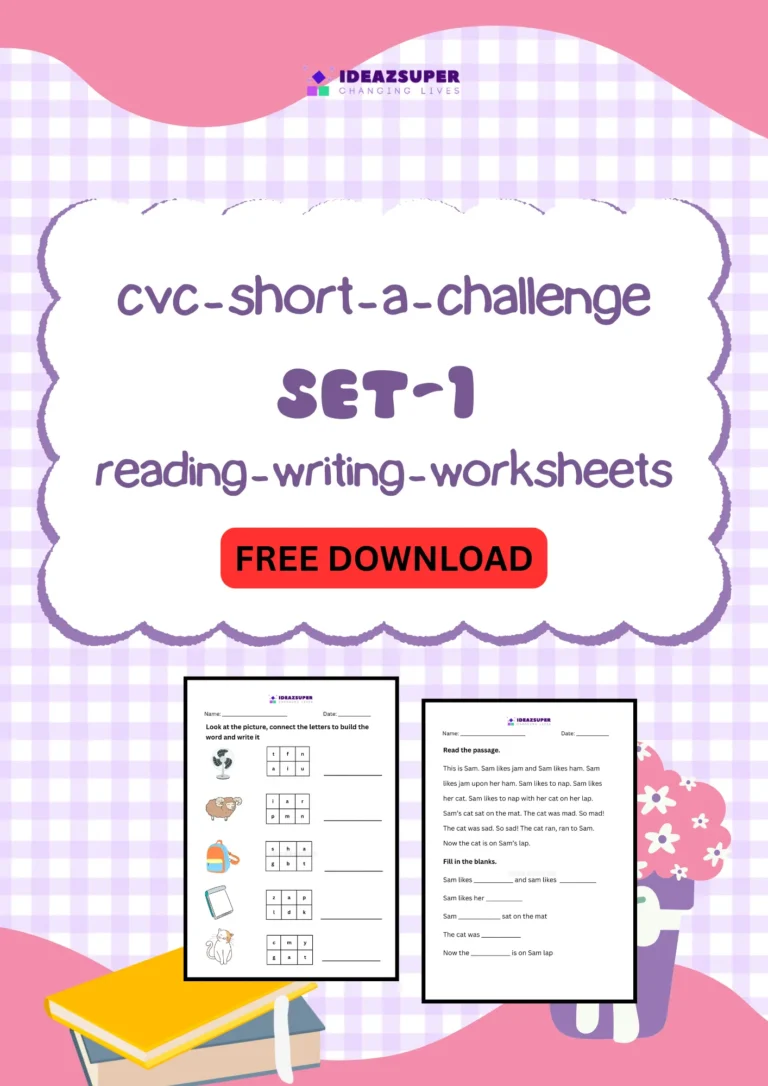 CVC short a challenge worksheets set 1, reading and writing, printable cover for preschool and kindergarten