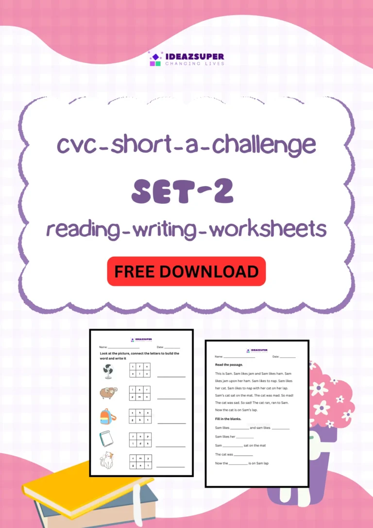 CVC short a challenge worksheets set 2, reading and writing, printable cover for preschool and kindergarten