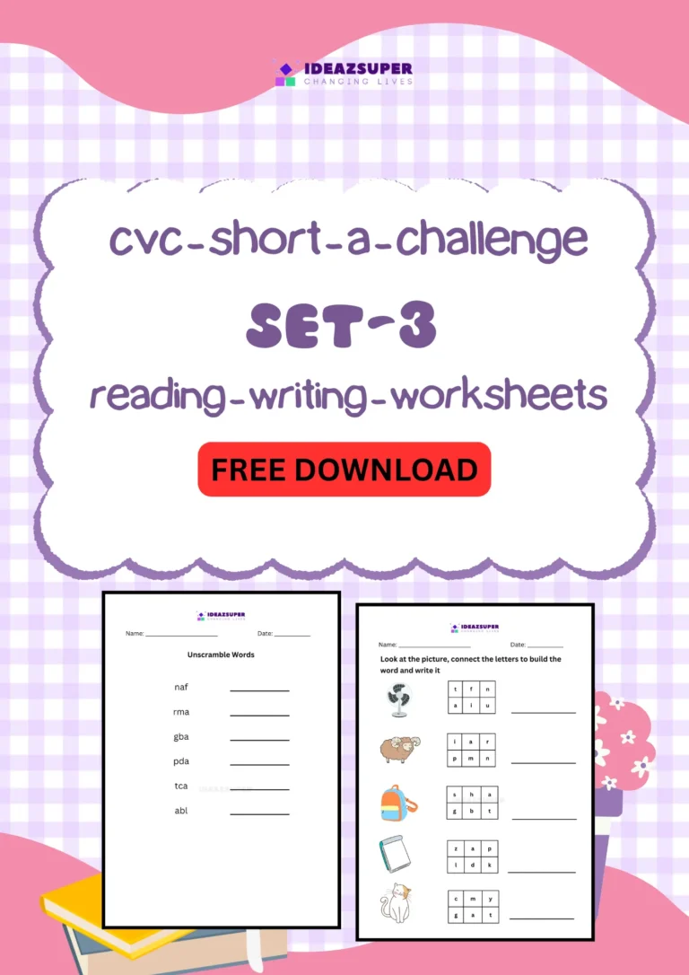 CVC short a challenge worksheets set 3, reading and writing, printable cover for preschool and kindergarten