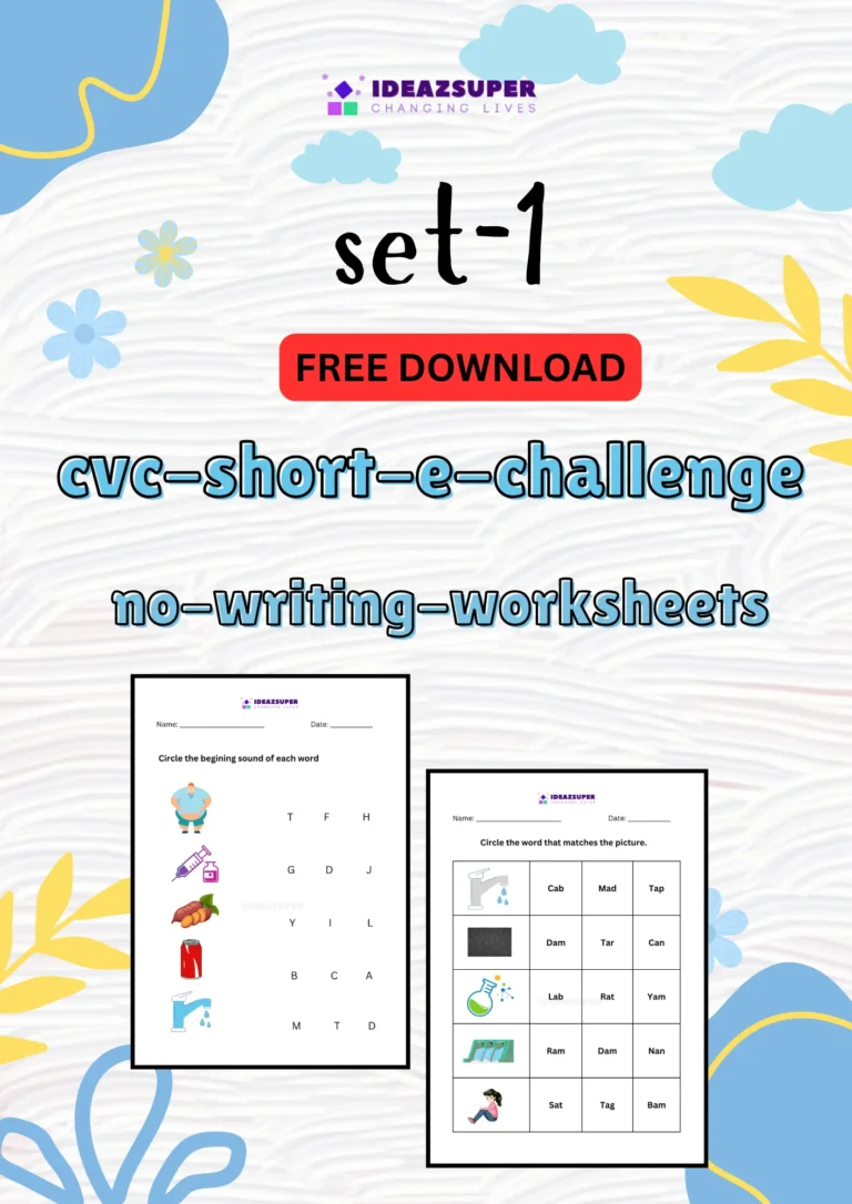 CVC short e challenge worksheets set 1, no writing, printable cover for preschool and kindergarten