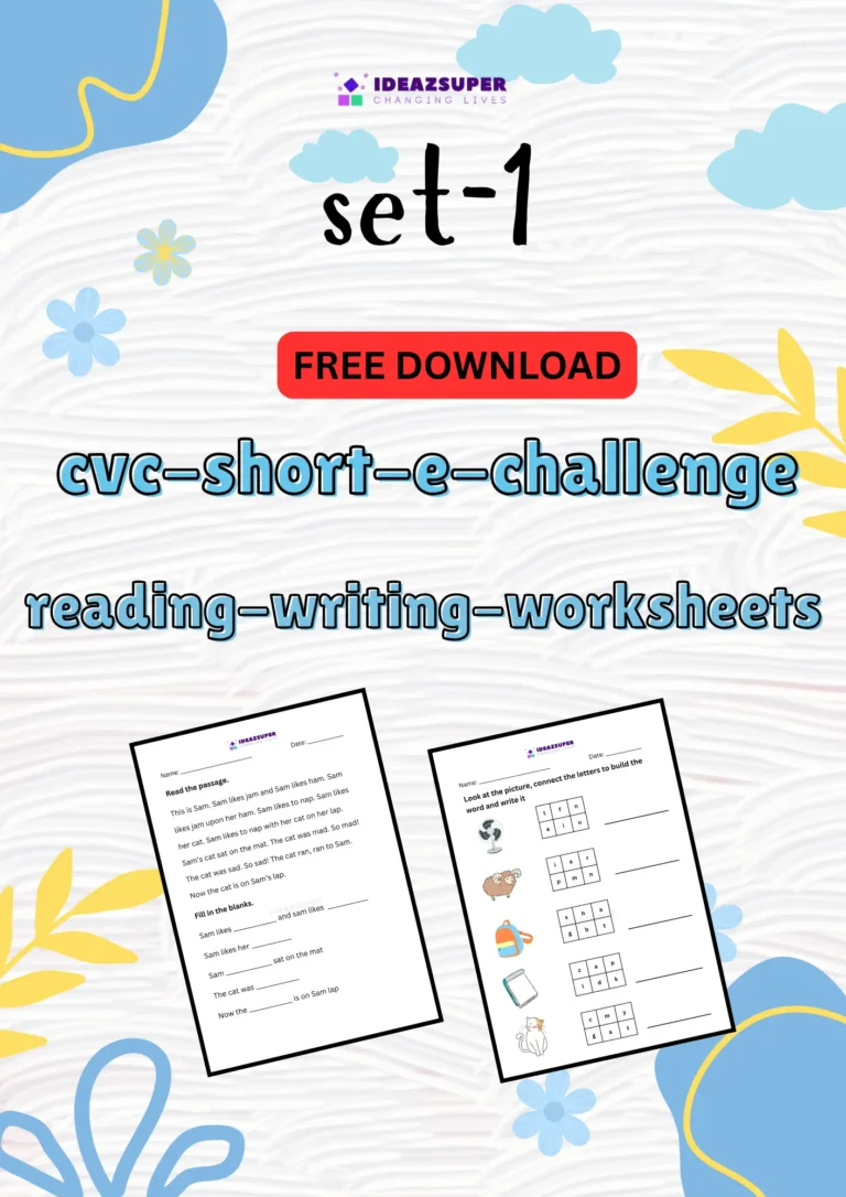 CVC short e challenge worksheets set 1, reading and writing, printable cover for preschool and kindergarten