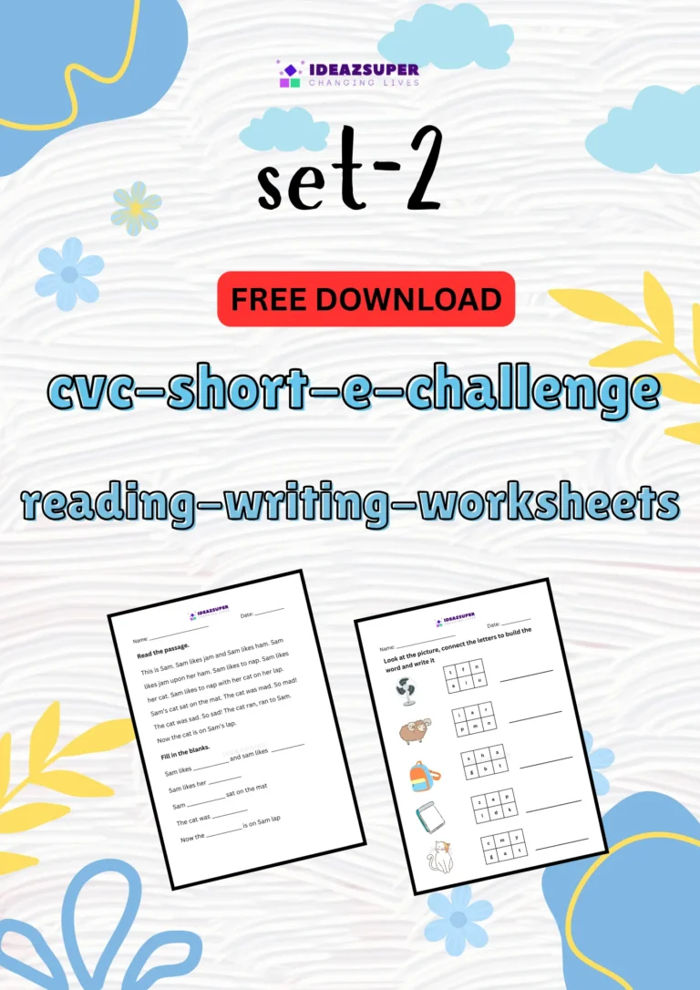 CVC short e challenge worksheets set 2, reading and writing, printable cover for preschool and kindergarten