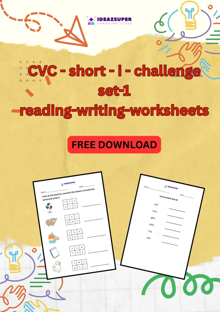 CVC short i challenge worksheets set 1, reading and writing, printable cover for preschool and kindergarten