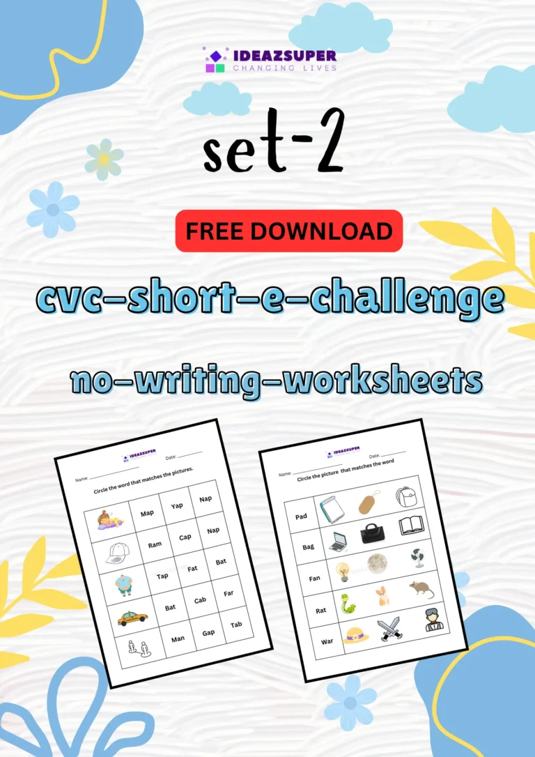 CVC short e challenge worksheets set 2, no writing, printable cover for preschool and kindergarten