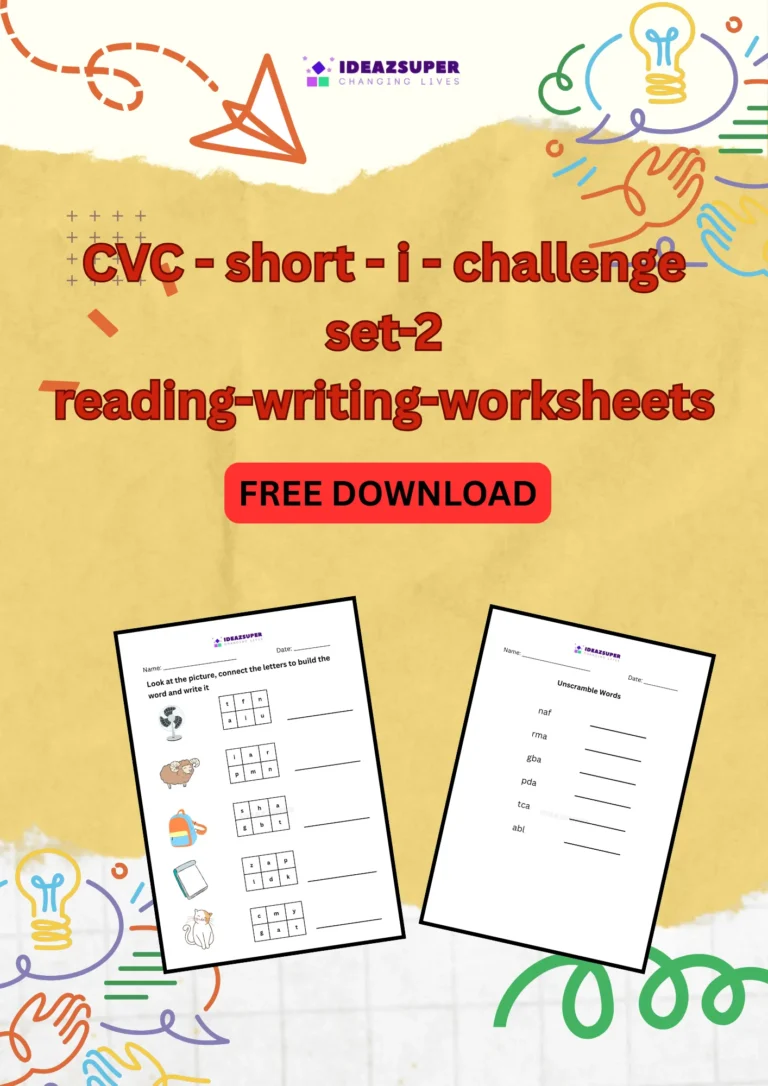 CVC short i challenge worksheets set 2, reading and writing, printable cover for preschool and kindergarten