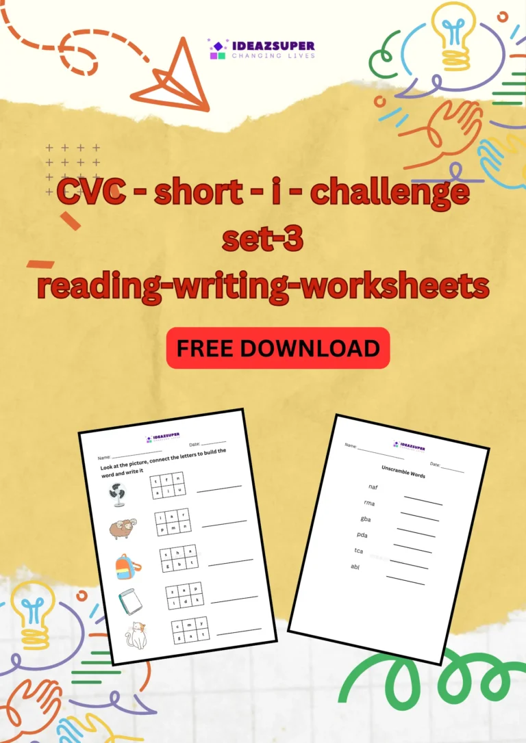 CVC short i challenge worksheets set 3, reading and writing, printable cover for preschool and kindergarten