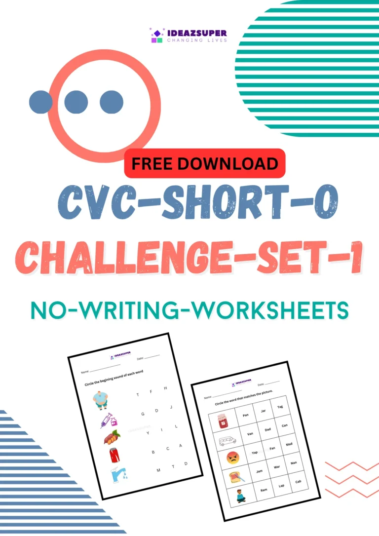 CVC short o challenge worksheets set 1, no writing, printable cover for preschool and kindergarten