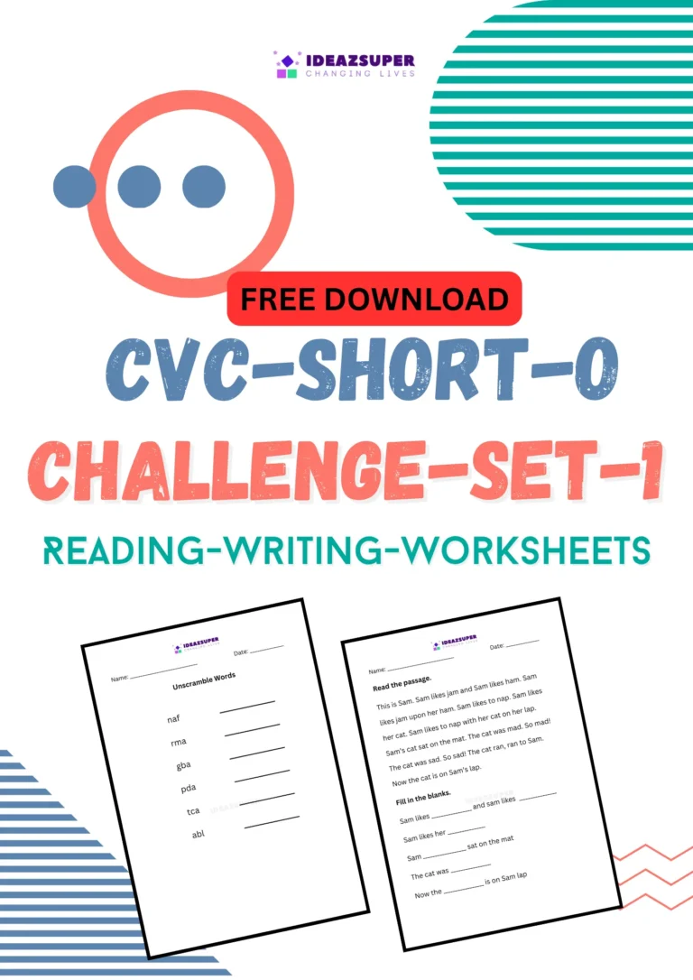 CVC short o challenge worksheets set 1, reading and writing, printable cover for preschool and kindergarten