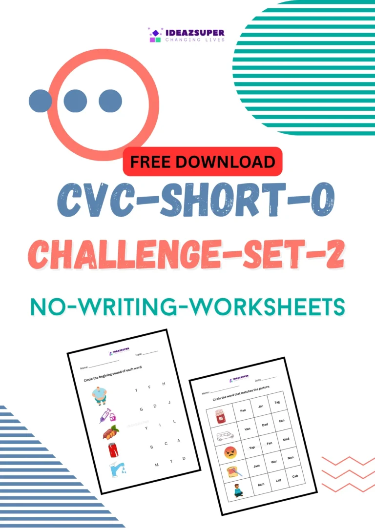 CVC short o challenge worksheets set 2, no writing, printable cover for preschool and kindergarten