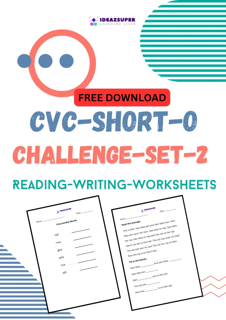 CVC short o challenge worksheets set 2, reading and writing, printable cover for preschool and kindergarten