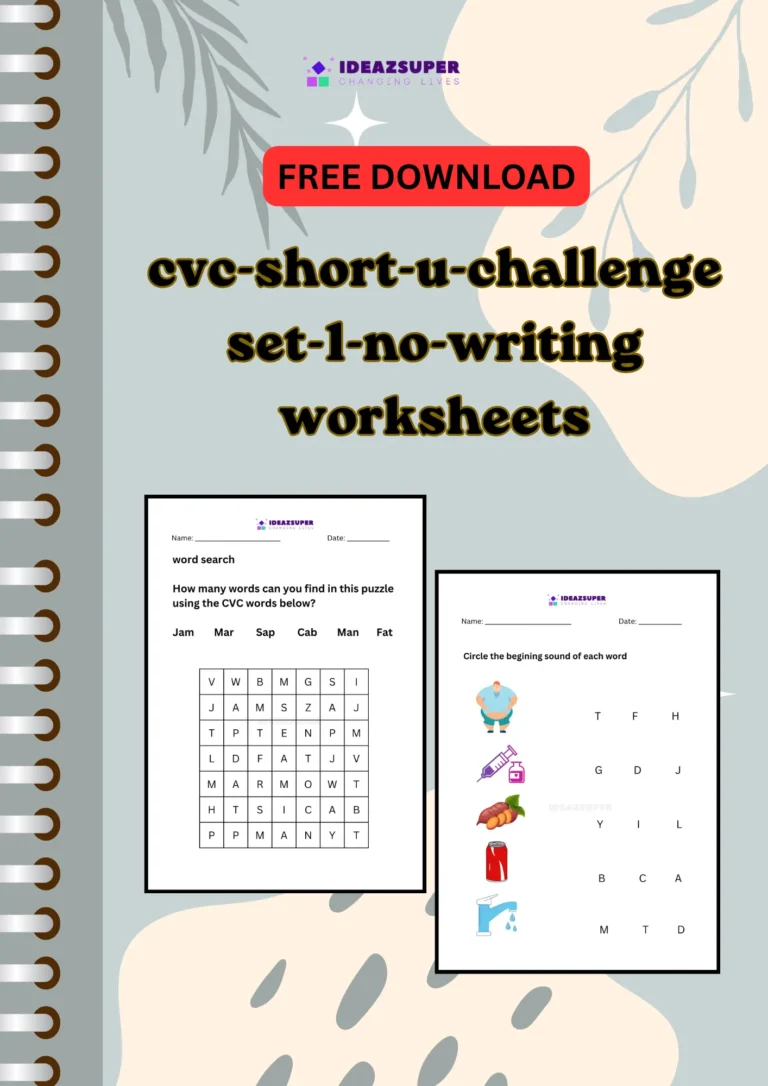CVC short u challenge worksheets set 1, no writing, printable cover for preschool and kindergarten