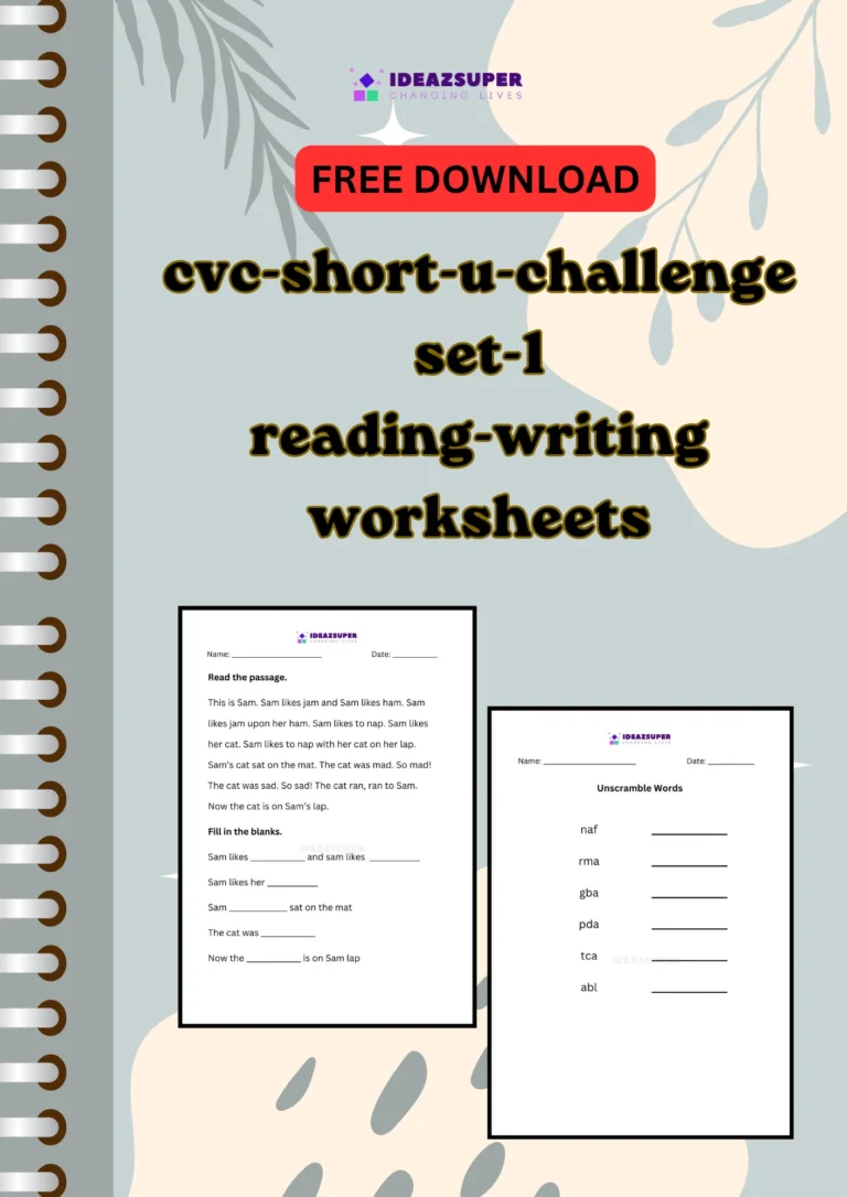CVC short u challenge worksheets set 1, reading and writing, printable cover for preschool and kindergarten