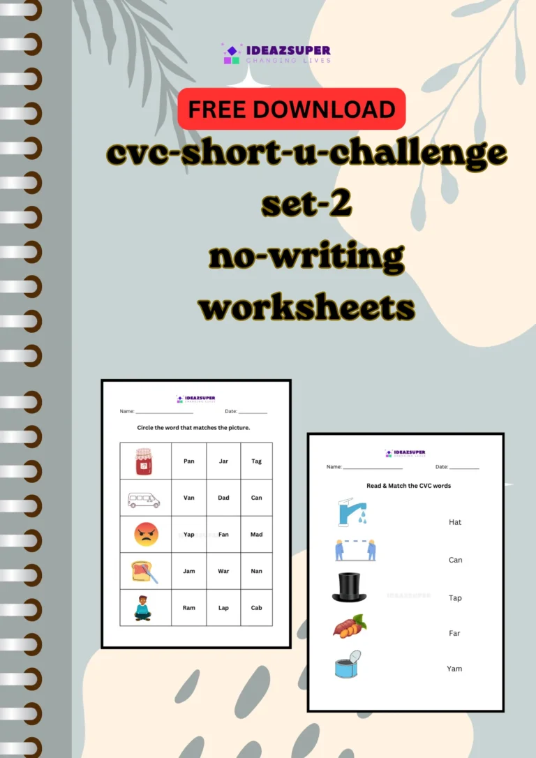 CVC short u challenge worksheets set 2, no writing, printable cover for preschool and kindergarten